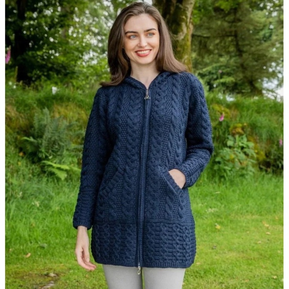Aran Mor Hooded Cardigan Womens S Navy Blue Merino Wool Cable Knit Zip Up